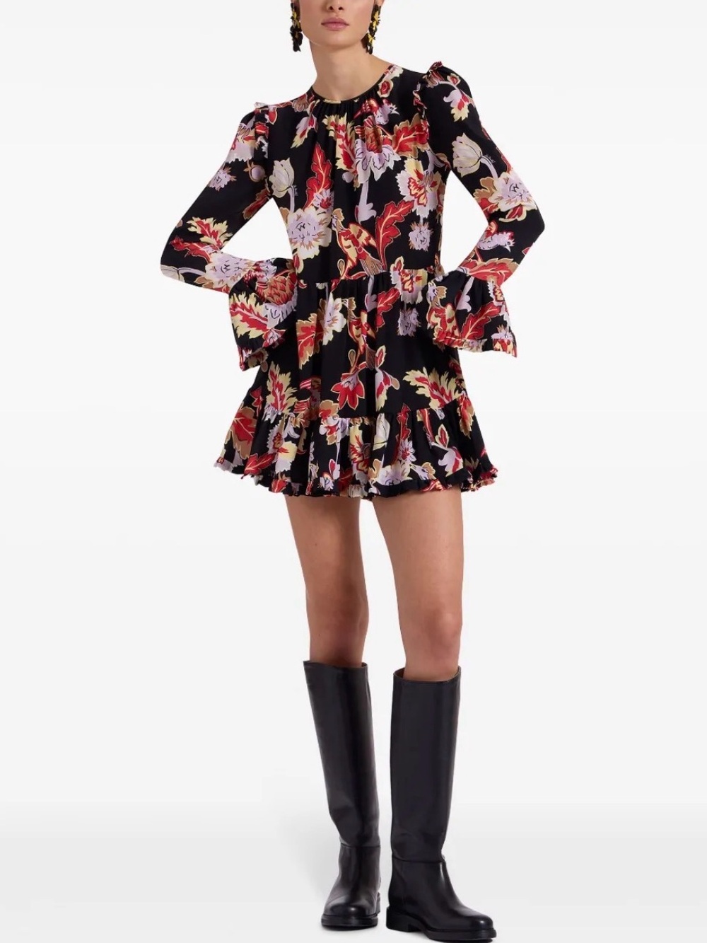 NWT La DoubleJ Visconti Mini Dress Long Sleeve Ruffle Floral Black Purple Small
